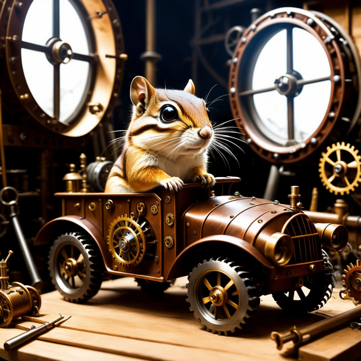 45. A curious chipmunk inventor tinkering on a massive steampunk vehicle in her backyard workshop, tools scattered around ...